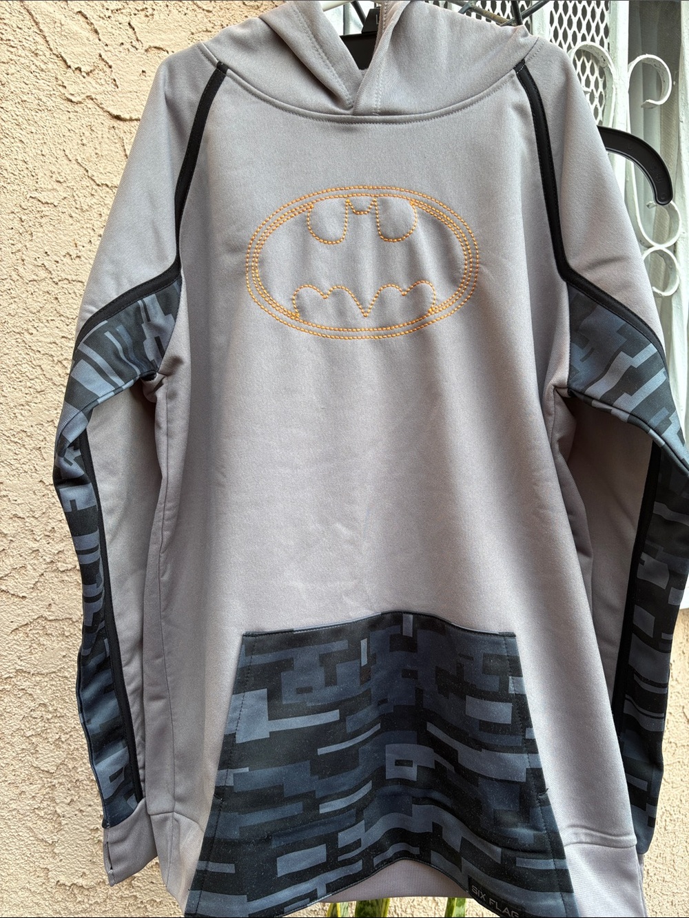 Batman Gray Hoodie with Gold Logo and Black Camo Accents